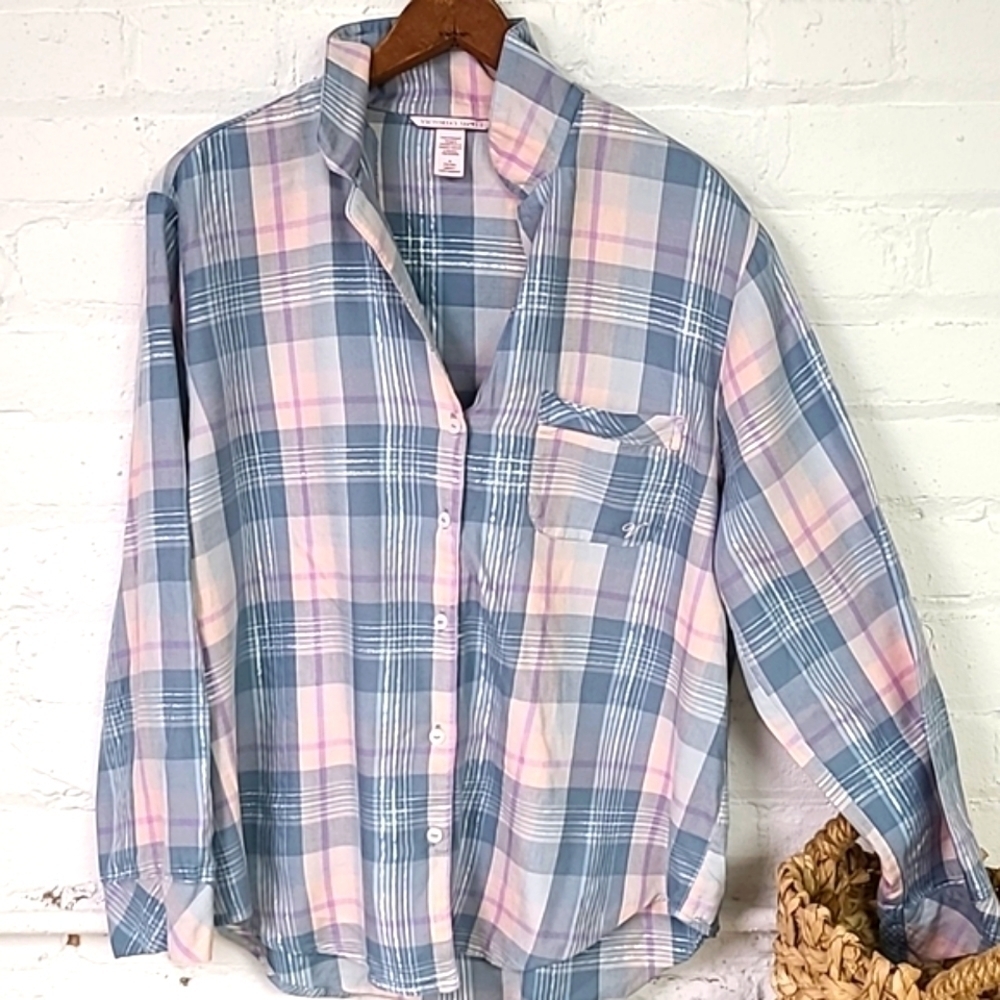 Victoria Secret Panama Button Down Top Plaid Sz Med
